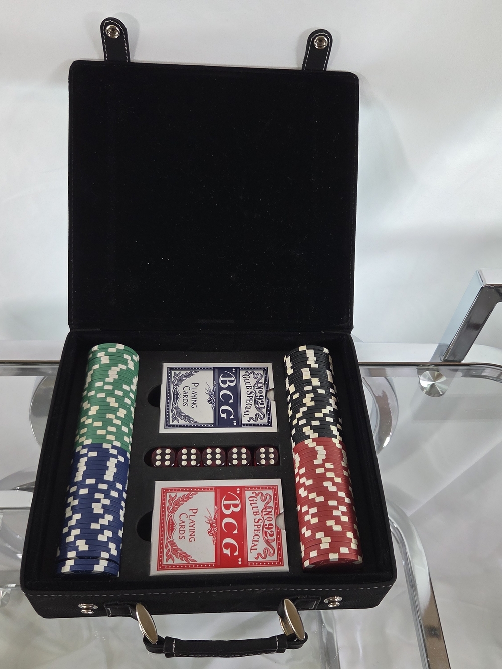 Poker Set with Playing Cards, Dice and Chips - Black Leatherette Case